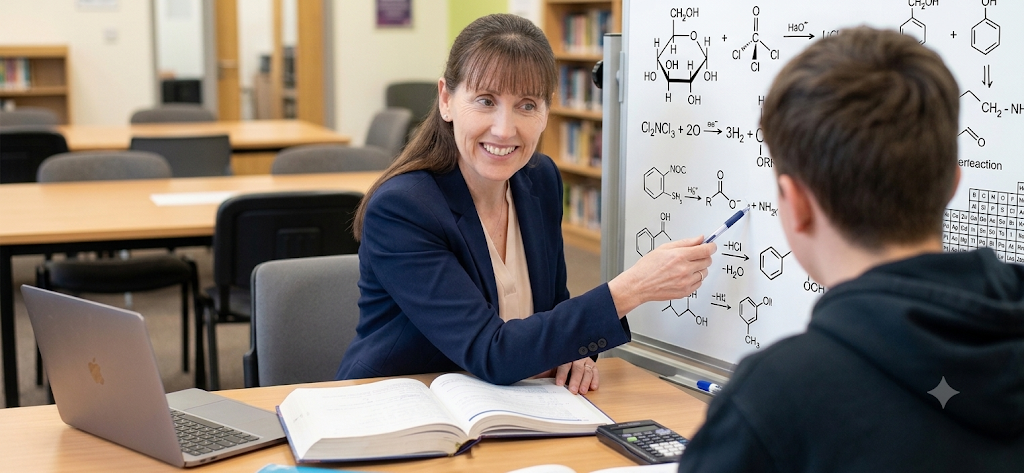 Chemistry tutor working with a student at a whiteboard